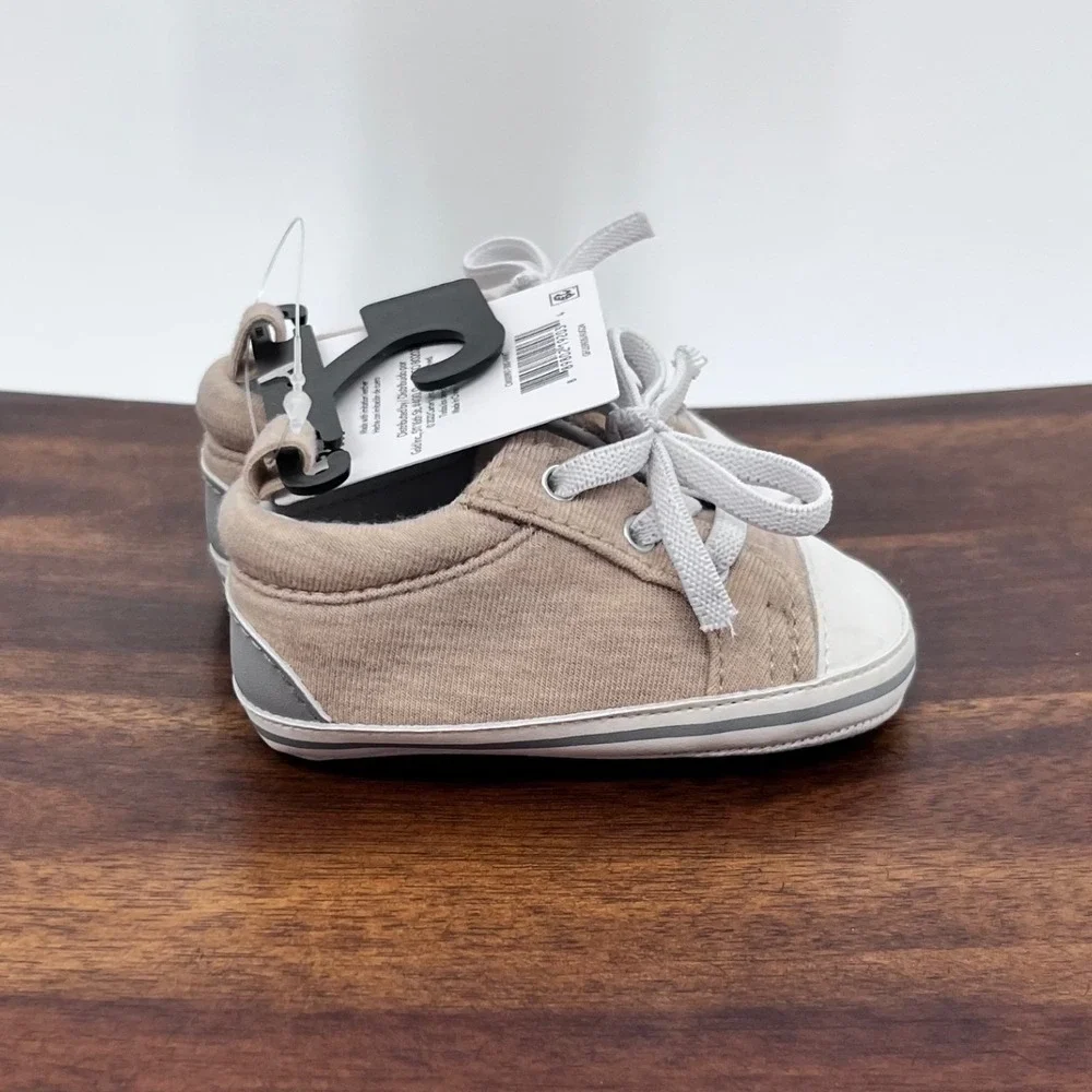 Carter's Child of Mine Crib Shoes Baby Boy 0-3m Tan Lace Up Soft Sole Sneakers